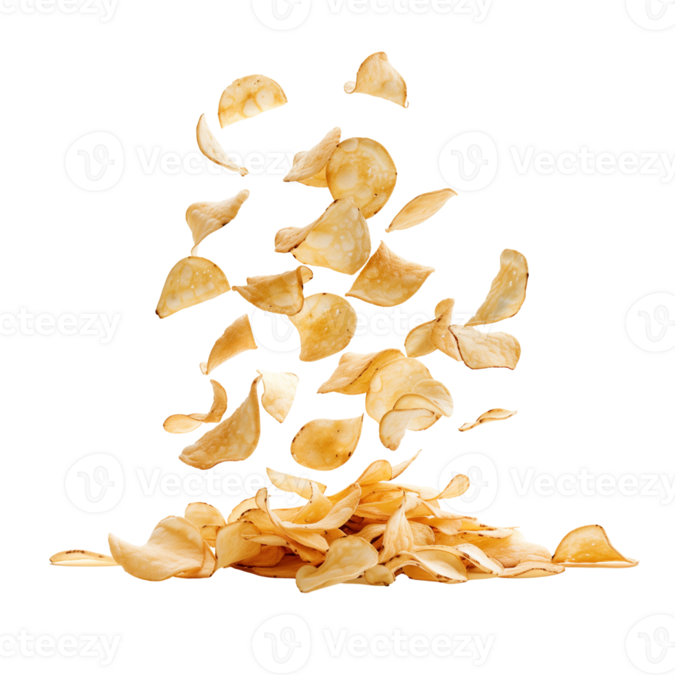 A flying of a pile of delicious potato chips isolated on a transparent backgroundA flying of a pile of delicious potato chips isolated on a transparent background png