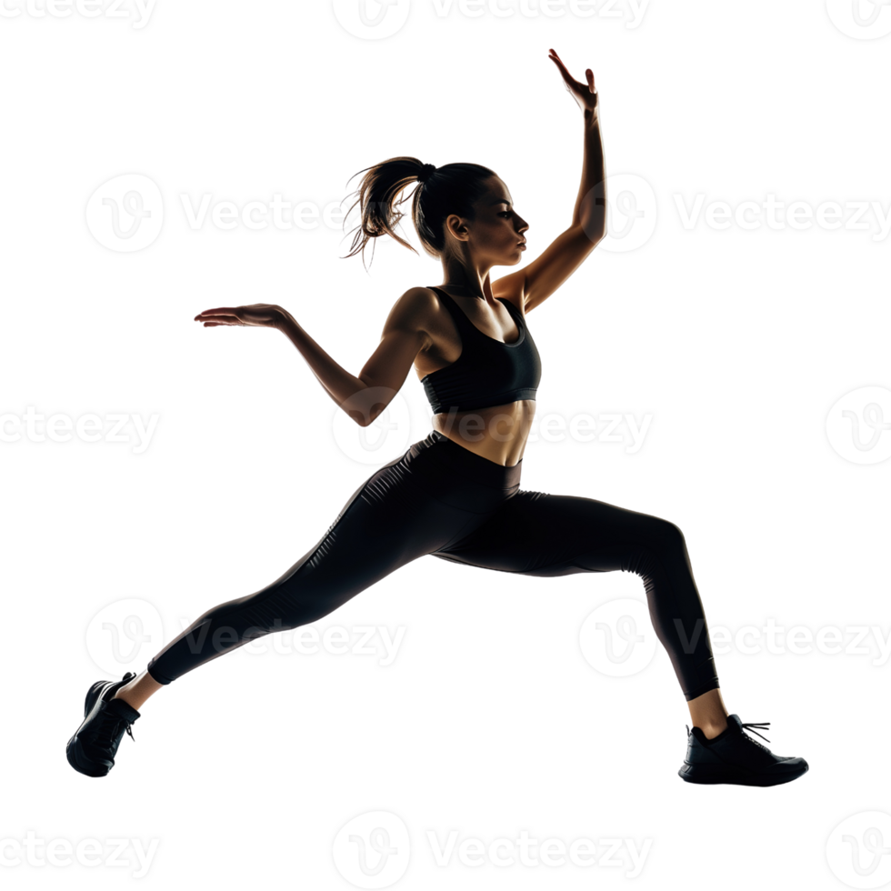 A fitness instructor in workout gear, mid-pose, isolated on a transparent background png
