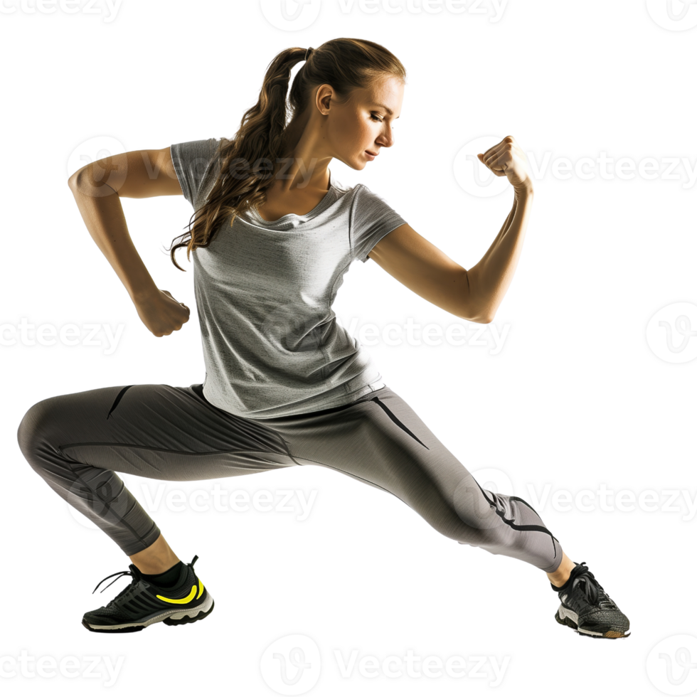 A fitness instructor in workout gear, mid-pose, isolated on a transparent background png