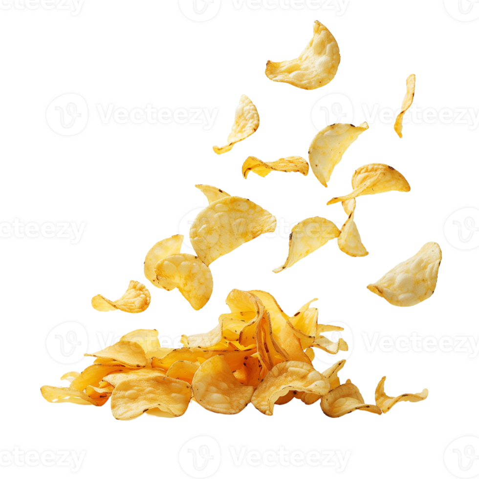 A flying of a pile of delicious potato chips isolated on a transparent backgroundA flying of a pile of delicious potato chips isolated on a transparent background png