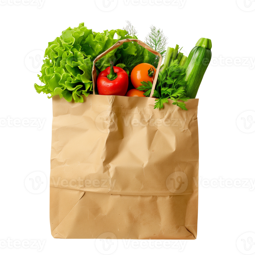 A brown paper bag filled with fresh vegetables isolated on a transparent background png