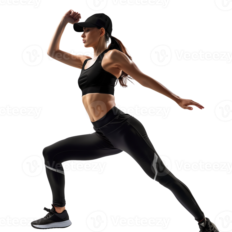 A fitness instructor in workout gear, mid-pose, isolated on a transparent background png