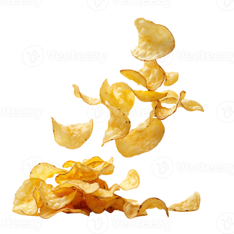 A flying of a pile of delicious potato chips isolated on a transparent backgroundA flying of a pile of delicious potato chips isolated on a transparent background png