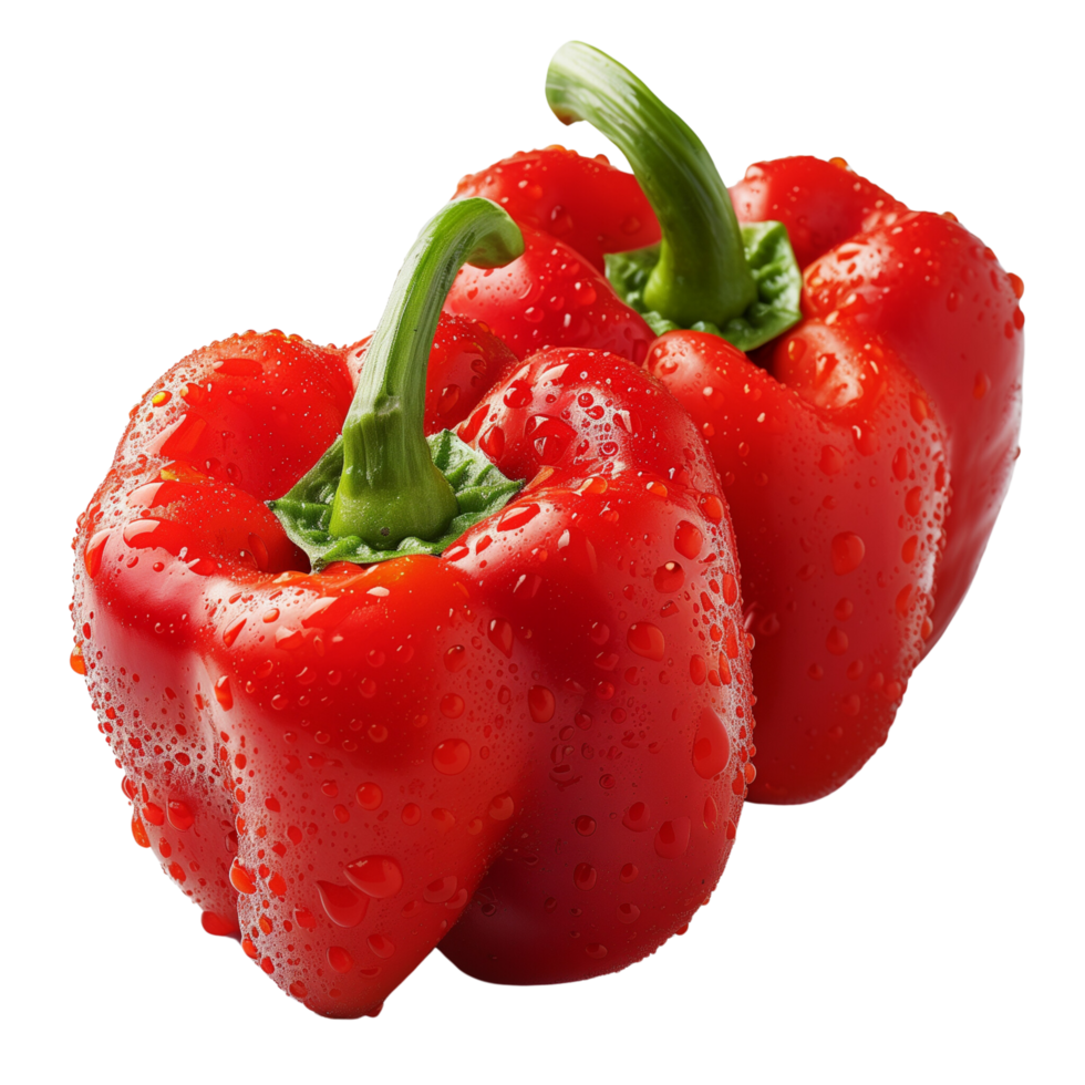 A fresh three red pepper with water droplets isolated on a transparent background png