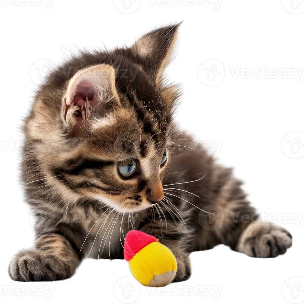 A fluffy kitten playing with a toy isolated on a transparent background png