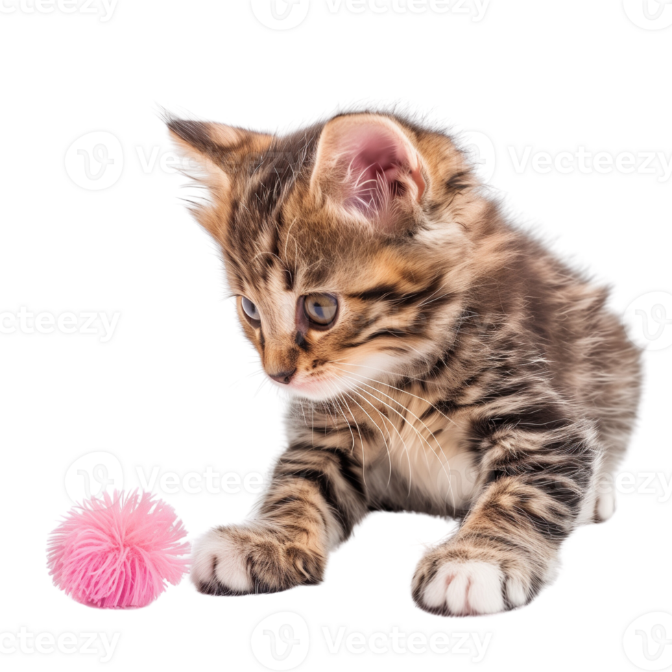 A fluffy kitten playing with a toy isolated on a transparent background png