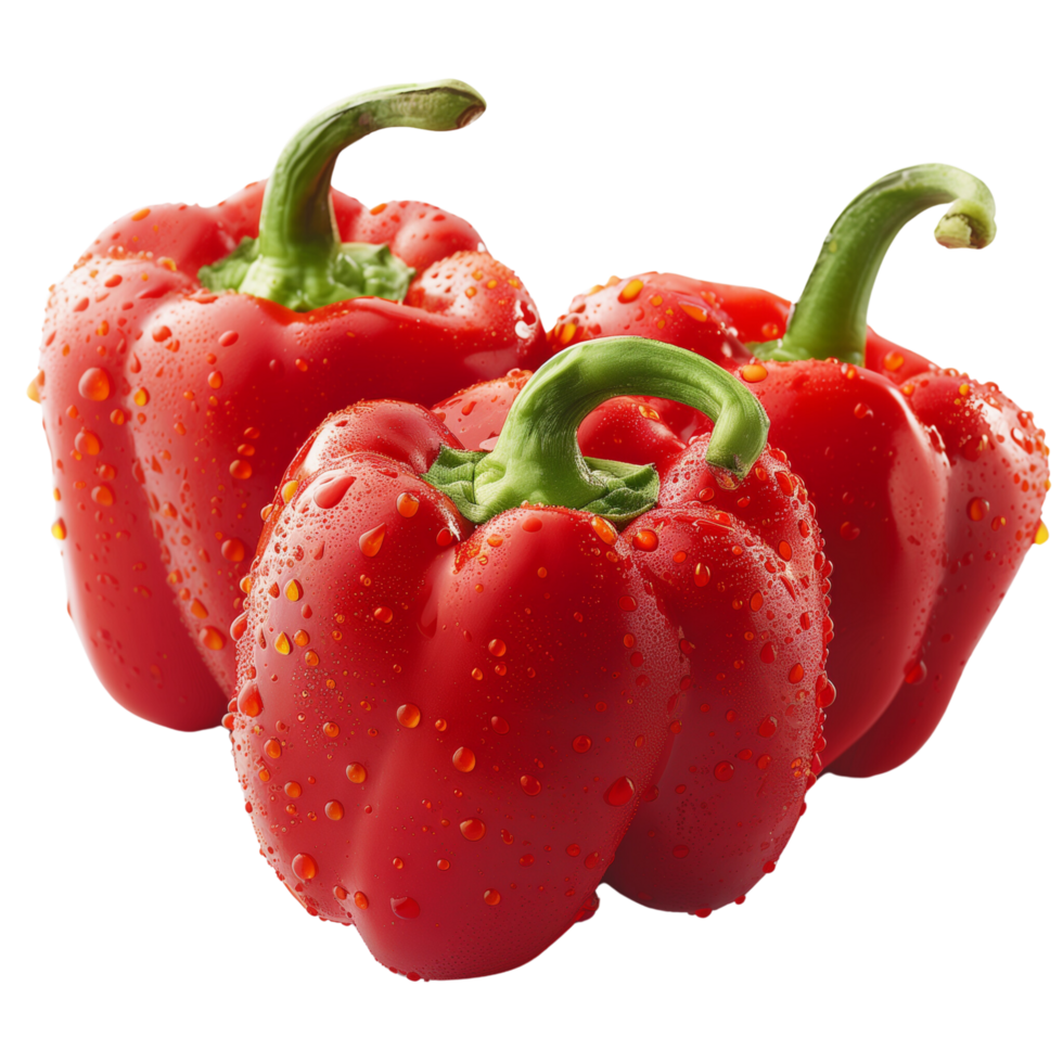 A fresh three red pepper with water droplets isolated on a transparent background png