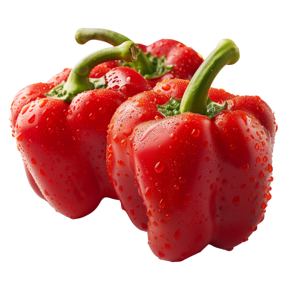 A fresh three red pepper with water droplets isolated on a transparent background png