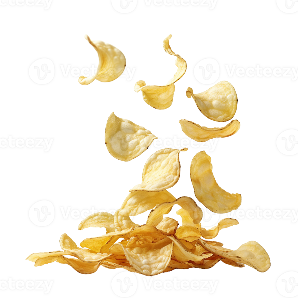 A flying of a pile of delicious potato chips isolated on a transparent backgroundA flying of a pile of delicious potato chips isolated on a transparent background png