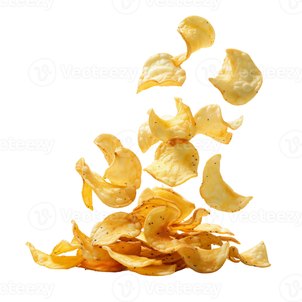 A flying of a pile of delicious potato chips isolated on a transparent backgroundA flying of a pile of delicious potato chips isolated on a transparent background png