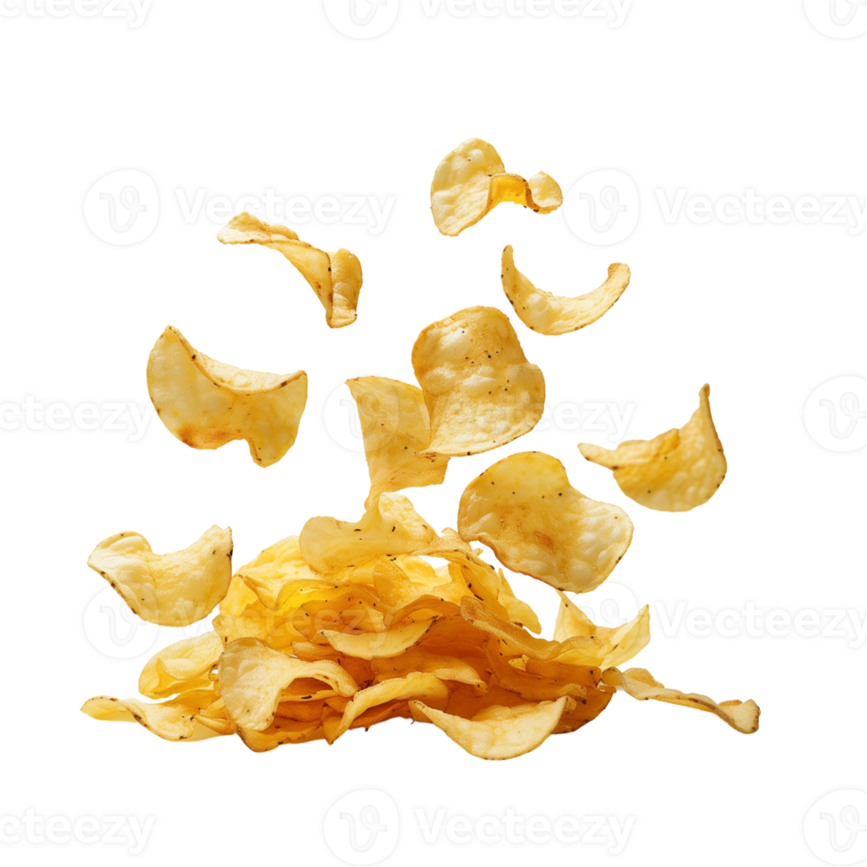 A flying of a pile of delicious potato chips isolated on a transparent backgroundA flying of a pile of delicious potato chips isolated on a transparent background png