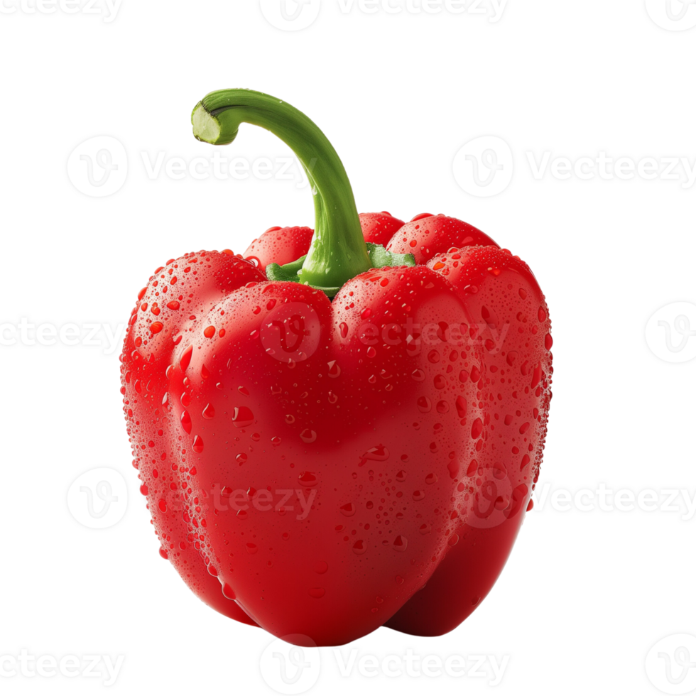 A fresh red pepper with water droplets isolated on a transparent background png