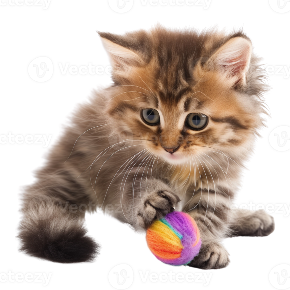 A fluffy kitten playing with a toy isolated on a transparent background png