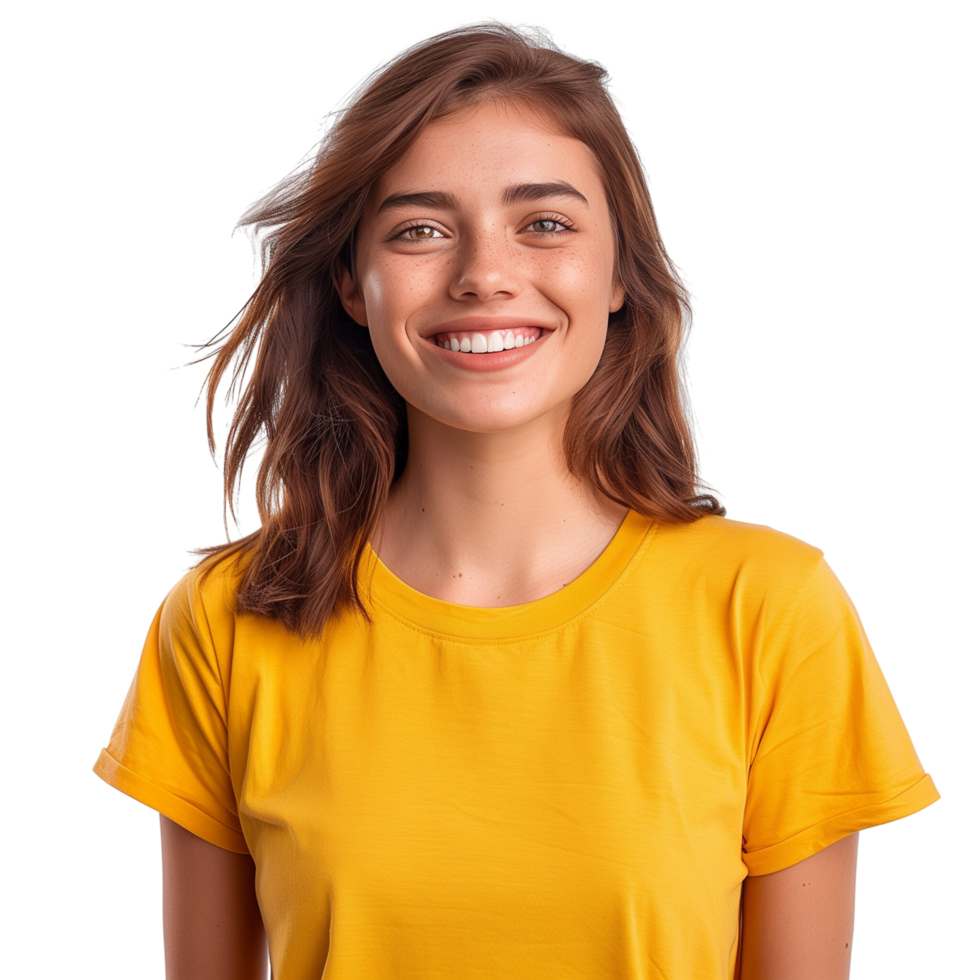 A happy woman wearing a color t-shirt, smiling brightly, isolated on a transparent background png