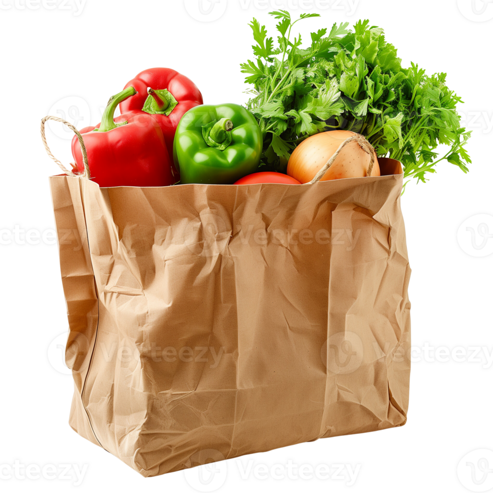 A brown paper bag filled with fresh vegetables isolated on a transparent background png