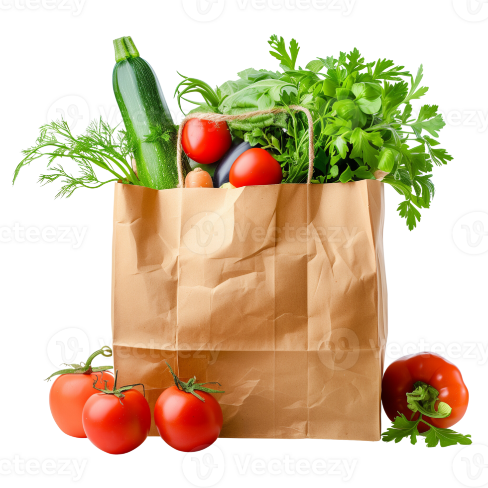 A brown paper bag filled with fresh vegetables isolated on a transparent background png