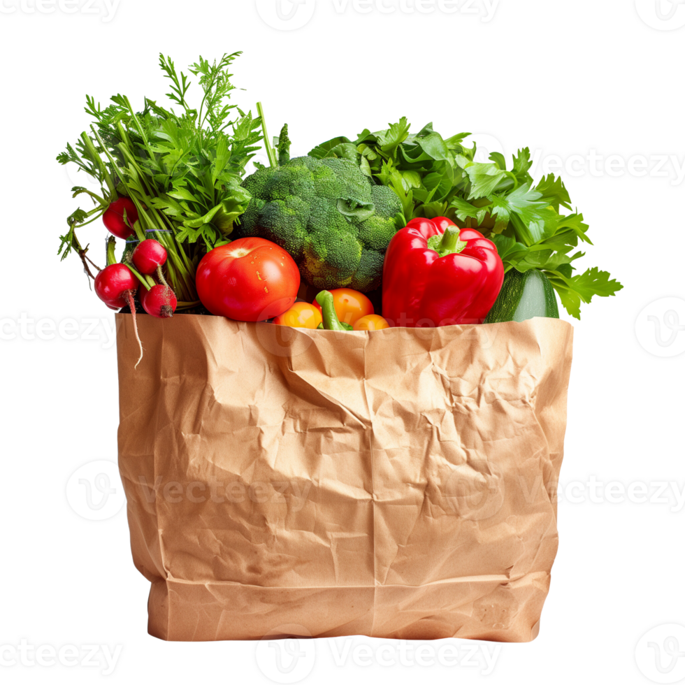A brown paper bag filled with fresh vegetables isolated on a transparent background png