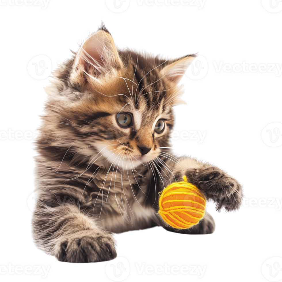 A fluffy kitten playing with a toy isolated on a transparent background png