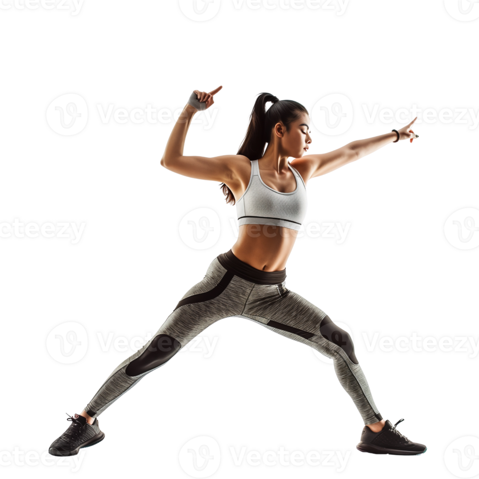 A fitness instructor in workout gear, mid-pose, isolated on a transparent background png