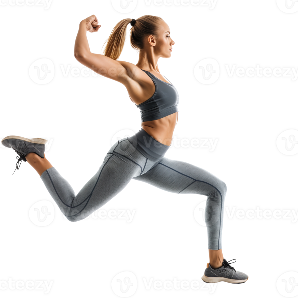 A fitness instructor in workout gear, mid-pose, isolated on a transparent background png