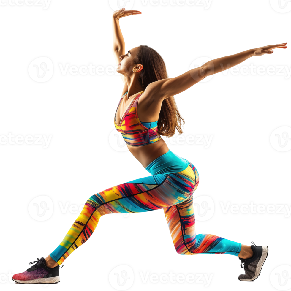 A fitness instructor in workout gear, mid-pose, isolated on a transparent background png
