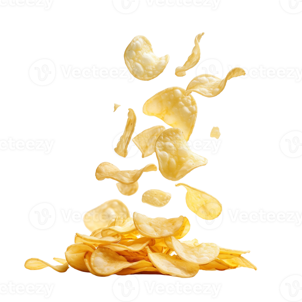 A flying of a pile of delicious potato chips isolated on a transparent backgroundA flying of a pile of delicious potato chips isolated on a transparent background png