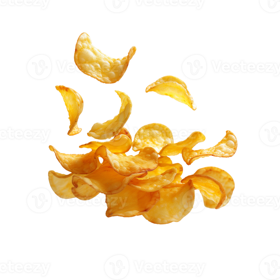 A flying of a pile of delicious potato chips isolated on a transparent backgroundA flying of a pile of delicious potato chips isolated on a transparent background png