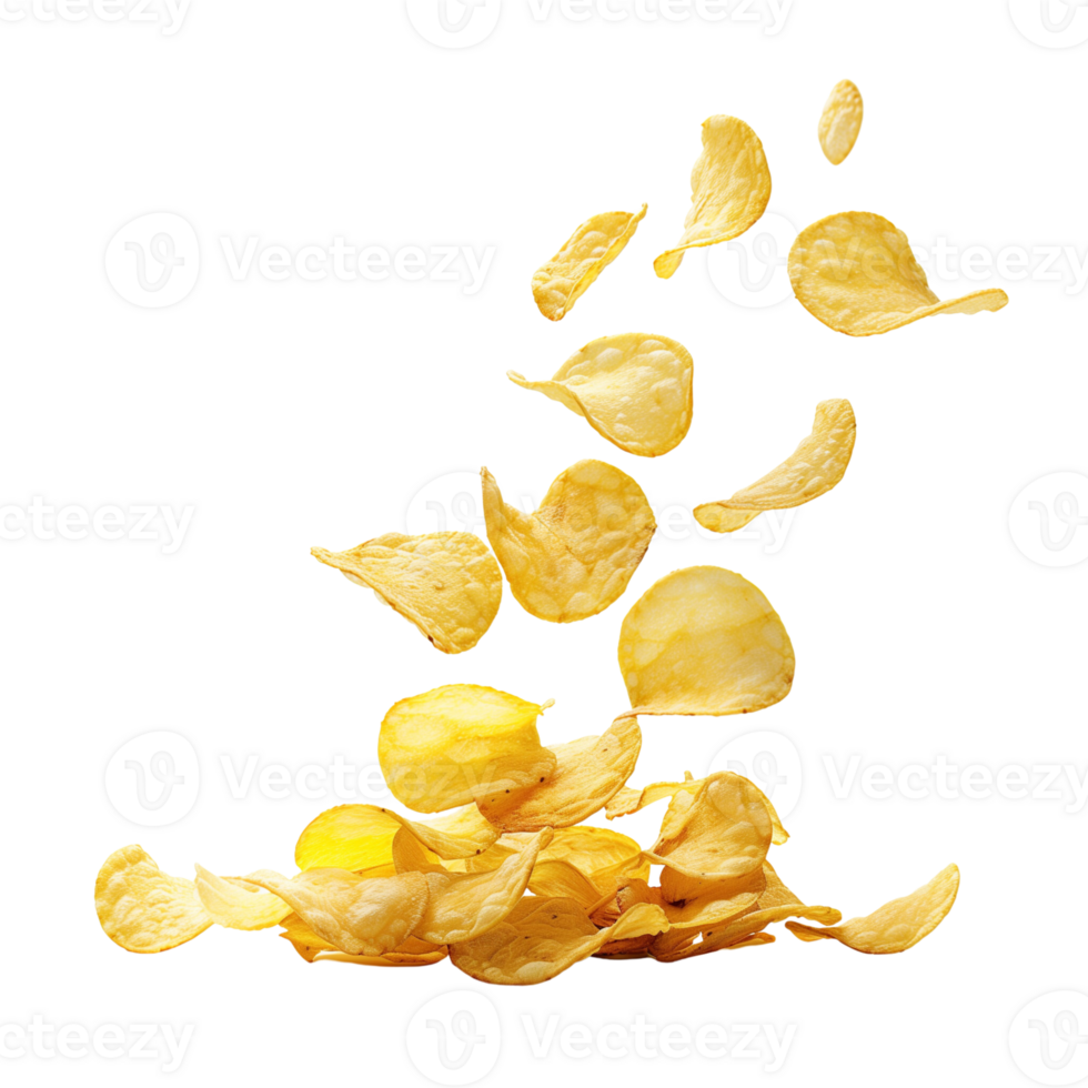 A flying of a pile of delicious potato chips isolated on a transparent backgroundA flying of a pile of delicious potato chips isolated on a transparent background png