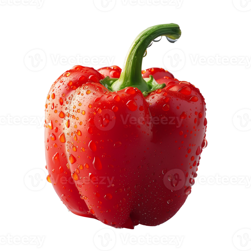 A fresh red pepper with water droplets isolated on a transparent background png