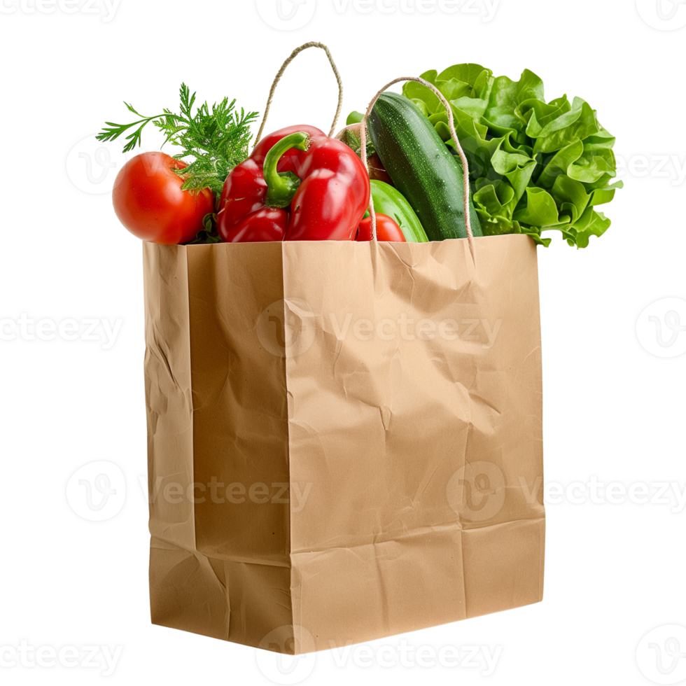 A brown paper bag filled with fresh vegetables isolated on a transparent background png