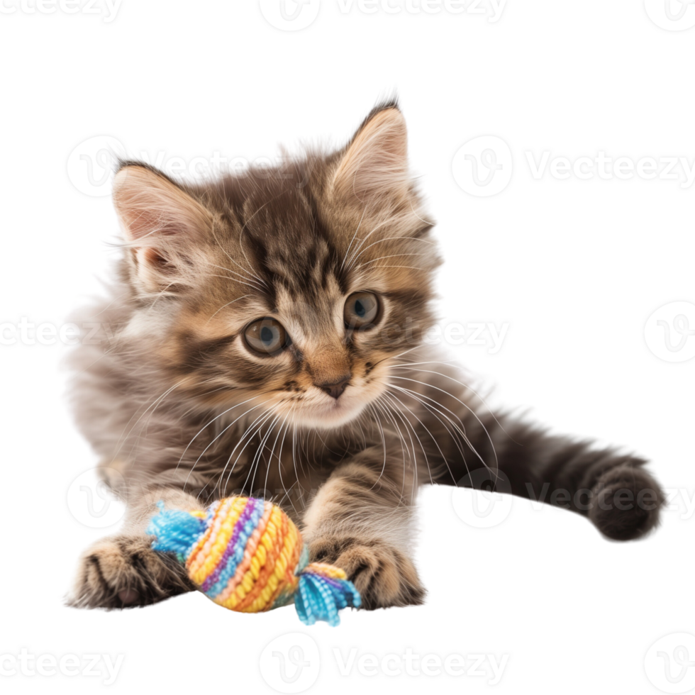 A fluffy kitten playing with a toy isolated on a transparent background png