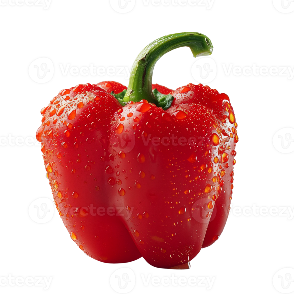 A fresh red pepper with water droplets isolated on a transparent background png