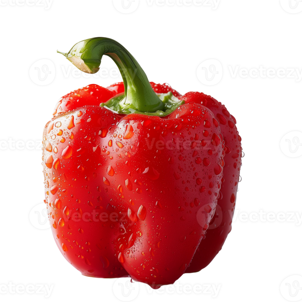 A fresh red pepper with water droplets isolated on a transparent background png