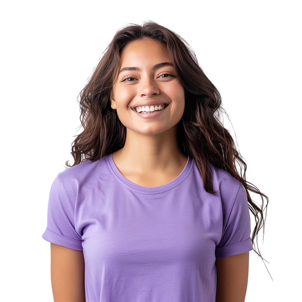 A happy woman wearing a color t-shirt, smiling brightly, isolated on a transparent background png