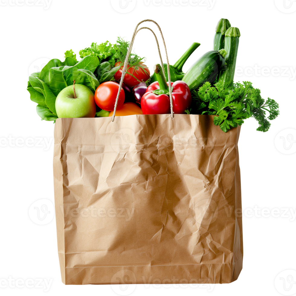 A brown paper bag filled with fresh vegetables isolated on a transparent background png