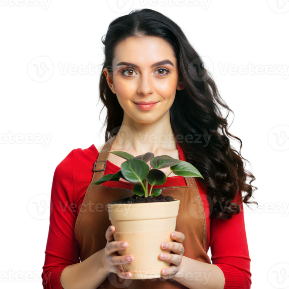 A woman is holding a plant in a pot png