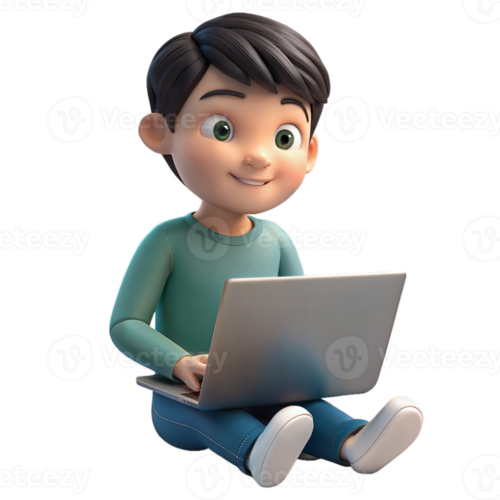 A young boy is sitting on the floor with a laptop in front of him png