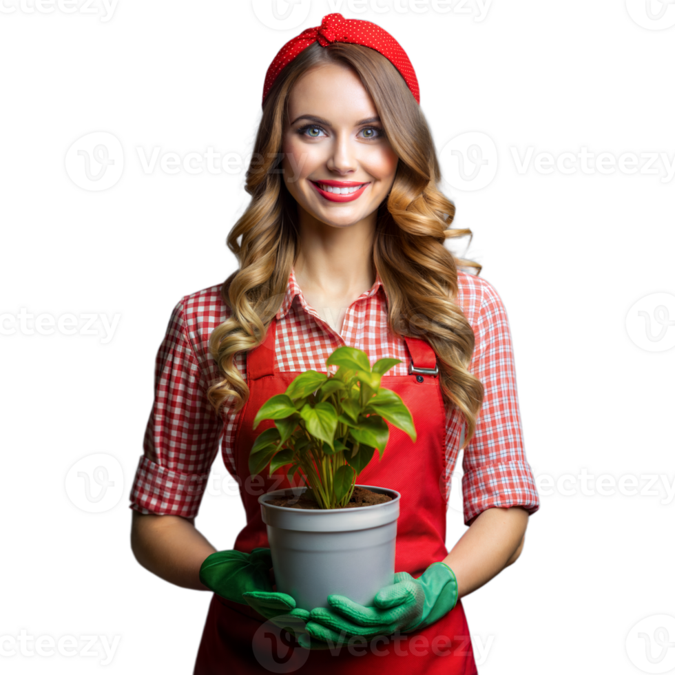 A woman in a red apron holding a plant in a pot png