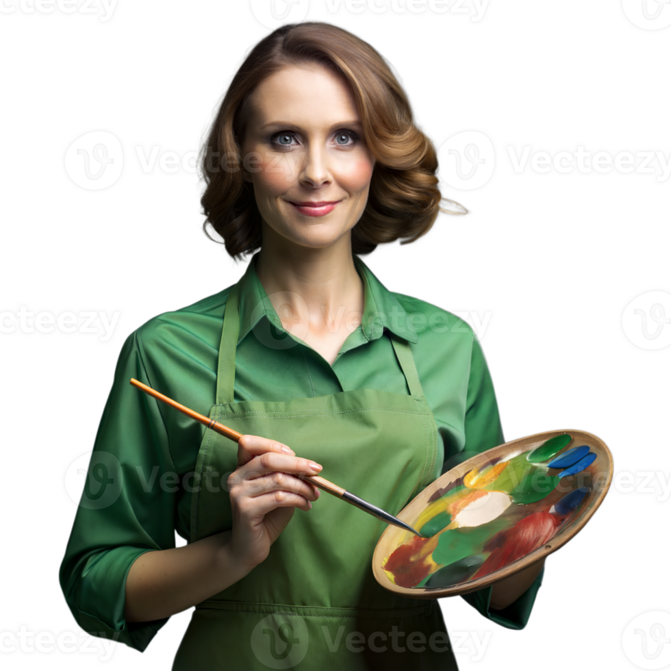 A woman in a green shirt and apron holding a paintbrush and a palette of paint png