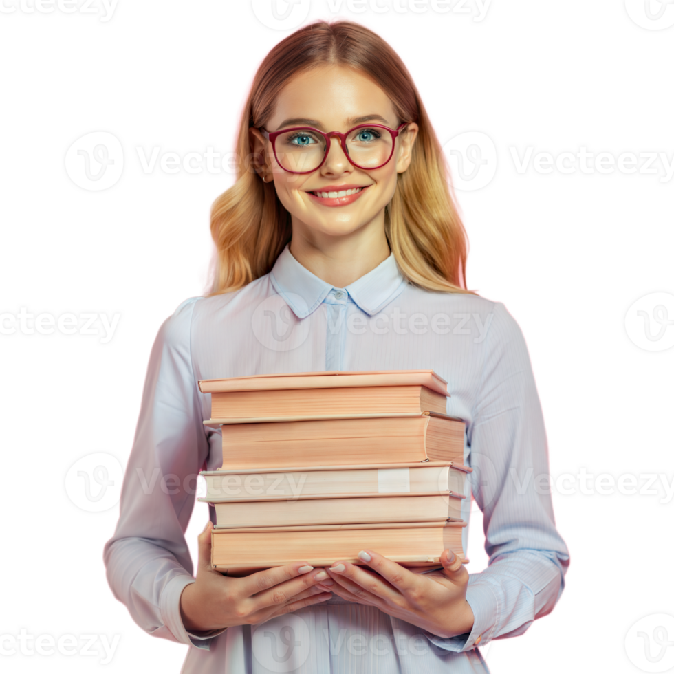 A woman is holding a stack of books and smiling png