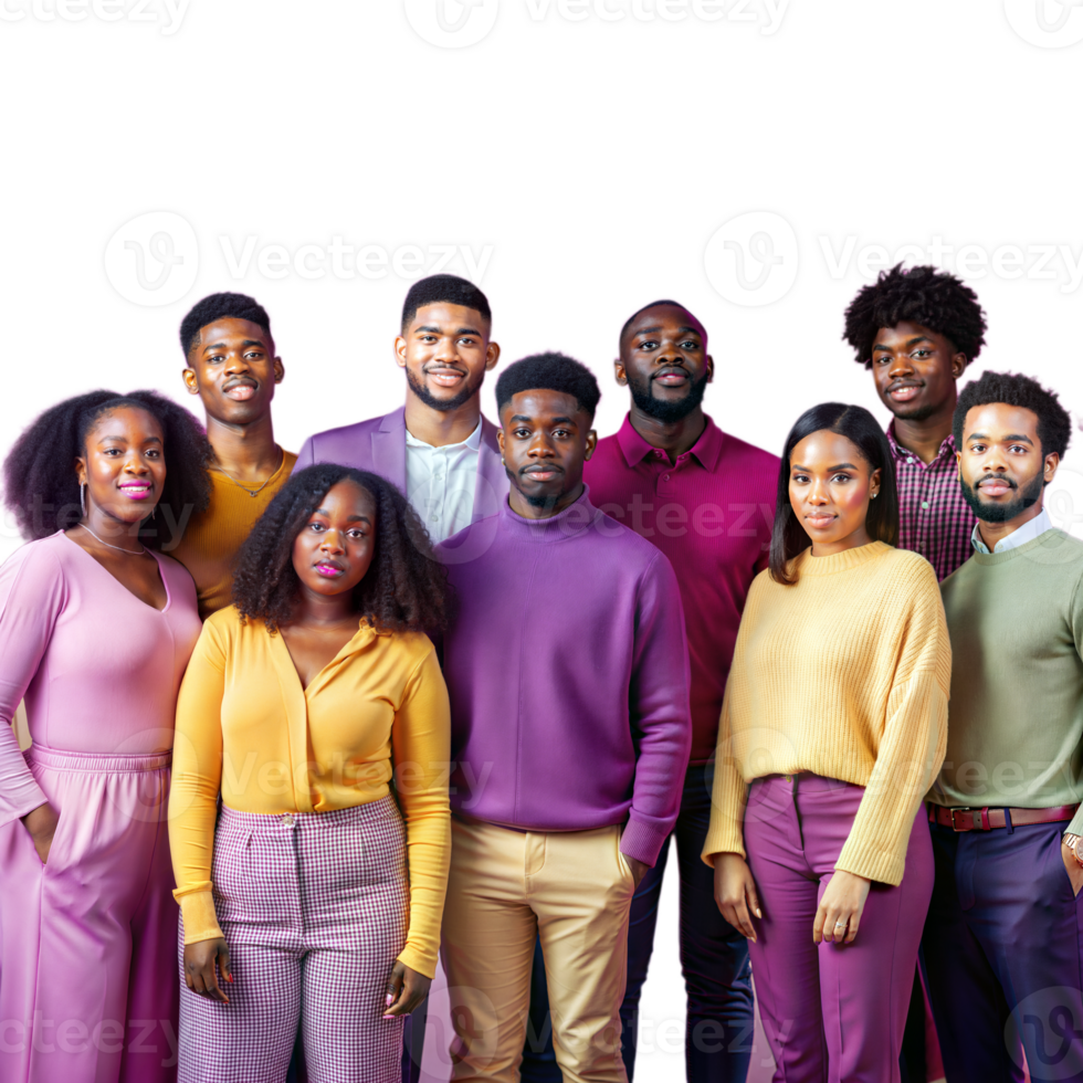 A group of people in purple and yellow clothing are posing for a photo png