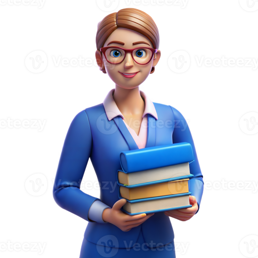 A woman in a blue suit holding a stack of books png