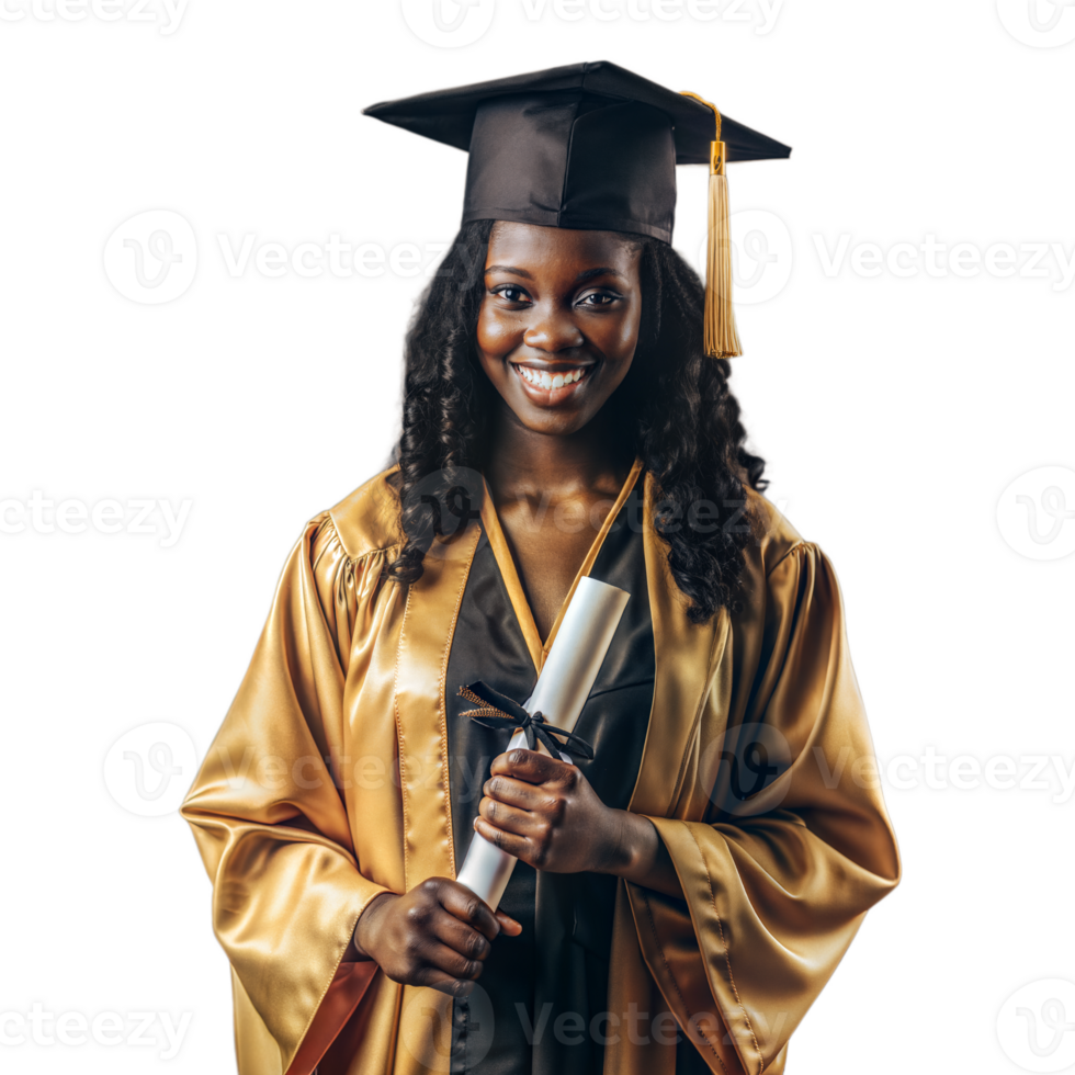 A woman in a gold gown holding a diploma png