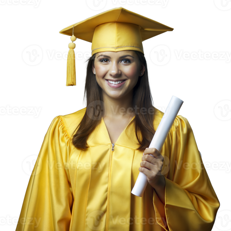 A woman in a yellow graduation gown holding a white graduation certificate png