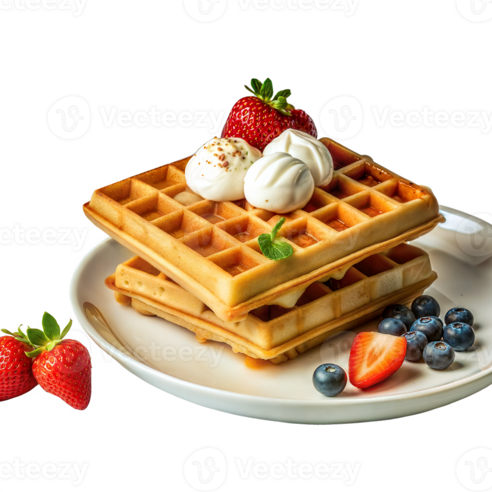 A stack of waffles with whipped cream and strawberries on top png