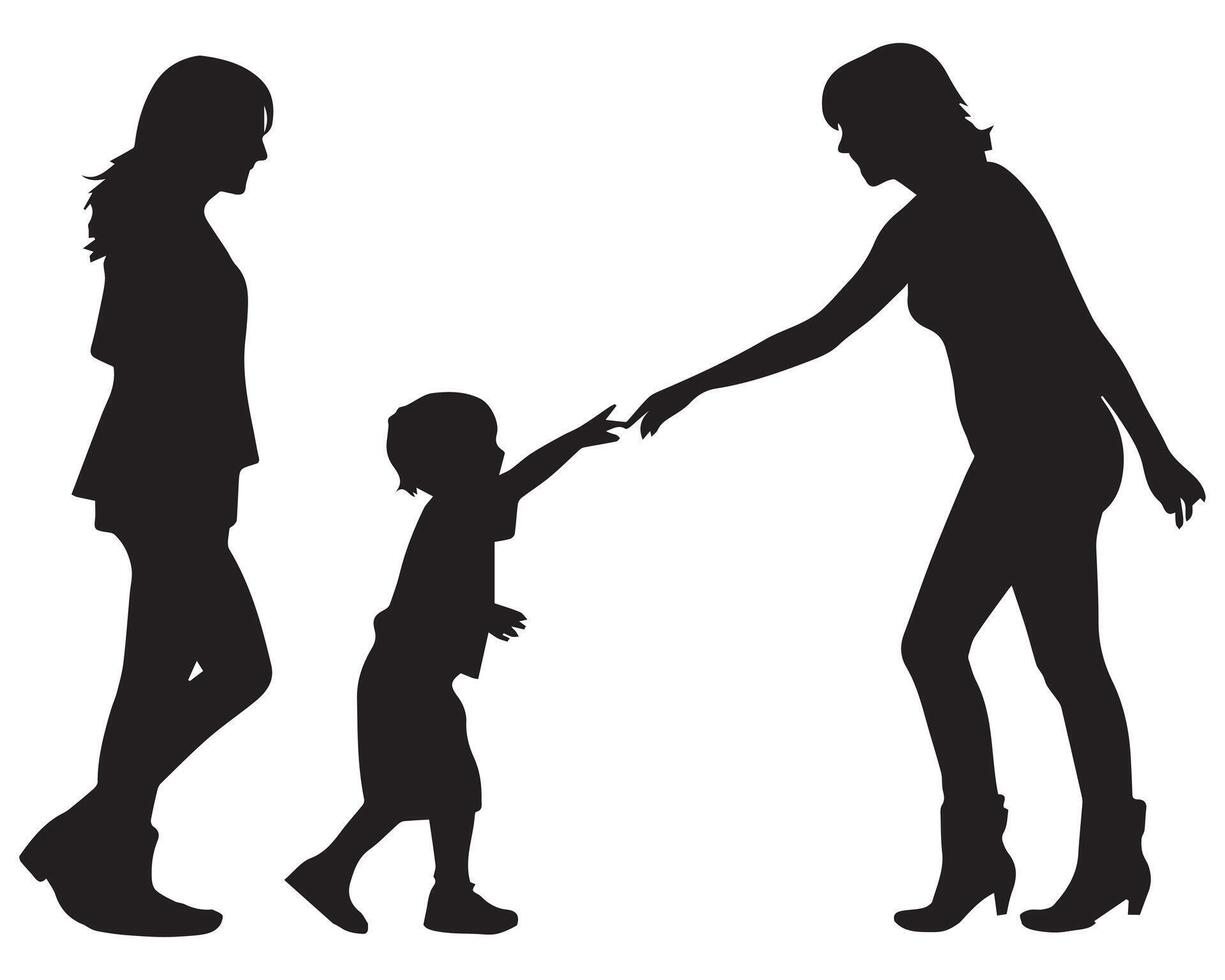 collection of mom and kids walking silhouettes free design vector