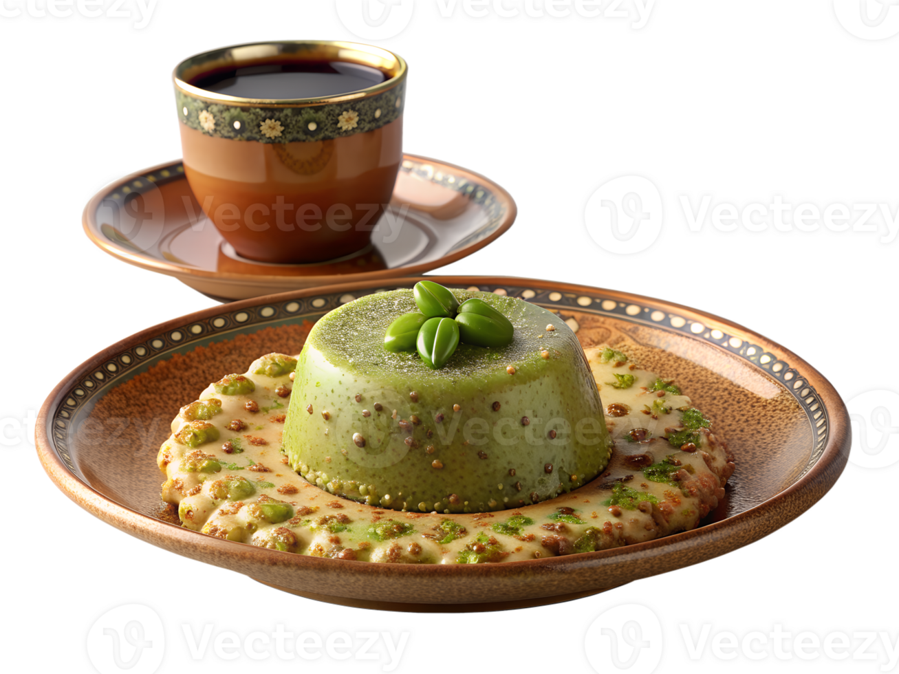 3d of A portion of tahini halva garnished with pistachios, set on a decorative plate with a cup of Turkish coffee png