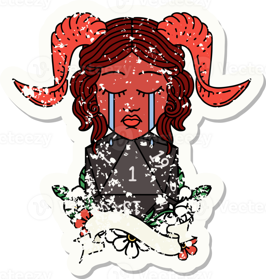 grunge sticker of a crying tiefling with natural one D20 roll drawing png