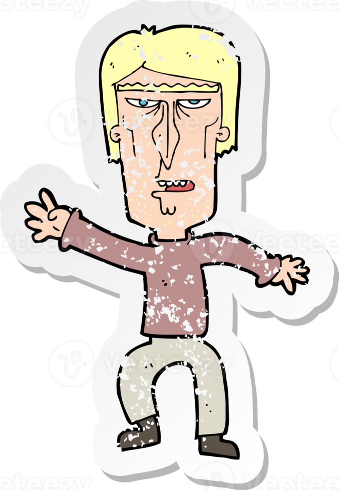 retro distressed sticker of a cartoon angry man waving warning drawing png