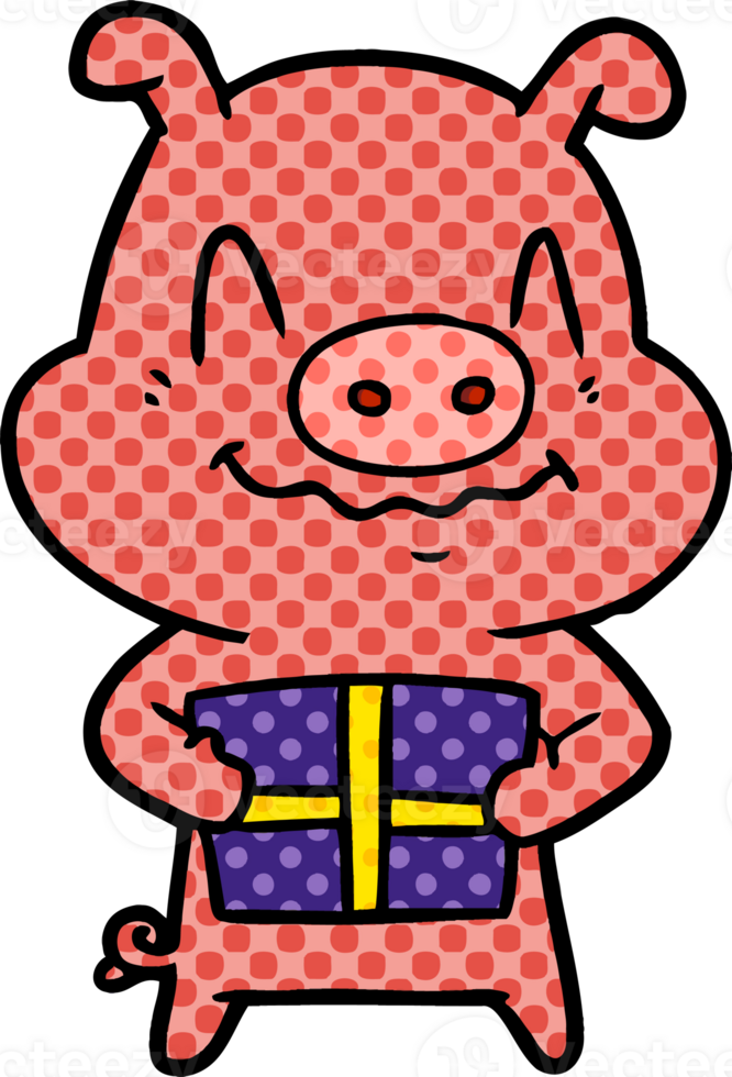 nervous cartoon pig with present drawing png